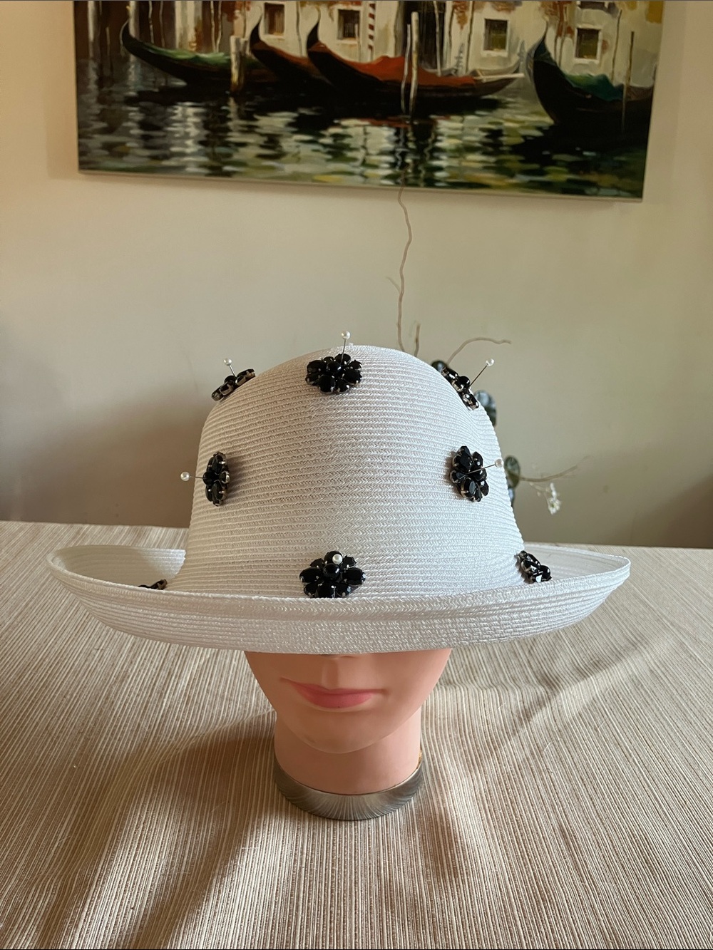 Chic White Hat with Black Beaded Floral Accents